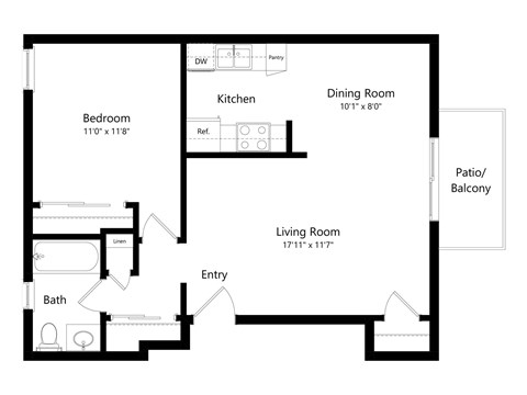 Floor plan for 1 bed, 1 bath, 675 sqft